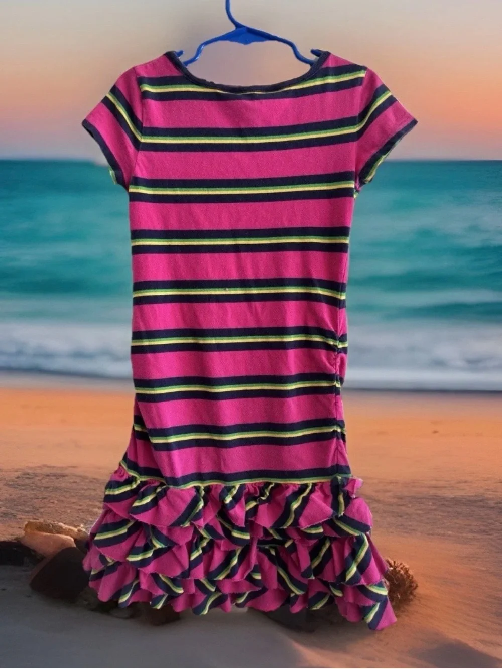 Ralph Lauren Hot Pink Stripe Ruffle-Hem Dress